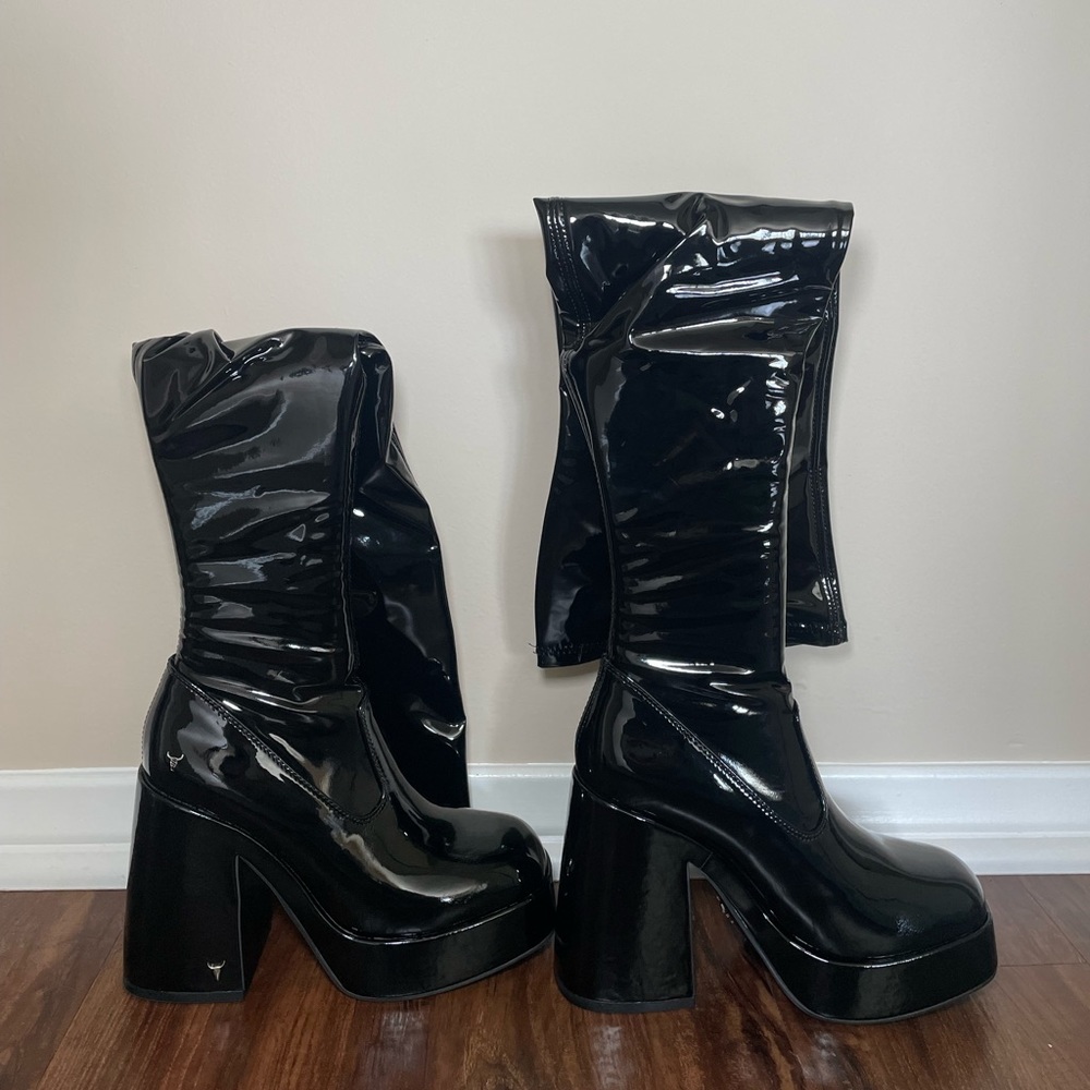 Windsor Smith Black Patent Knee High Platform Sock Boot Chunky Heel